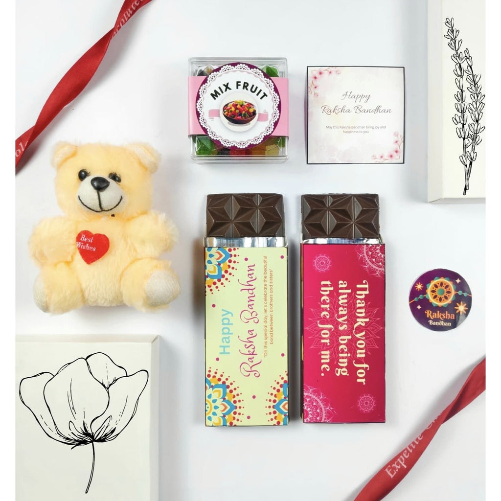 Unique Rakhi Gift Hamper For Sister With 2X 35G Chocolate Bar, Teddy , 50G Mix Fruit And Greeting Card | Best Rakshabandhan Gift For Sister