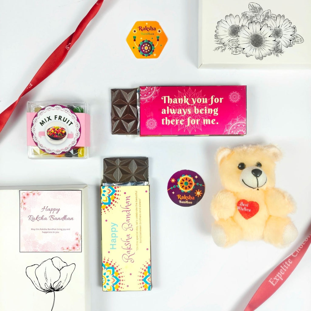 Unique Rakhi Gift Hamper For Sister With 2X 35G Chocolate Bar, Teddy , 50G Mix Fruit And Greeting Card | Best Rakshabandhan Gift For Sister