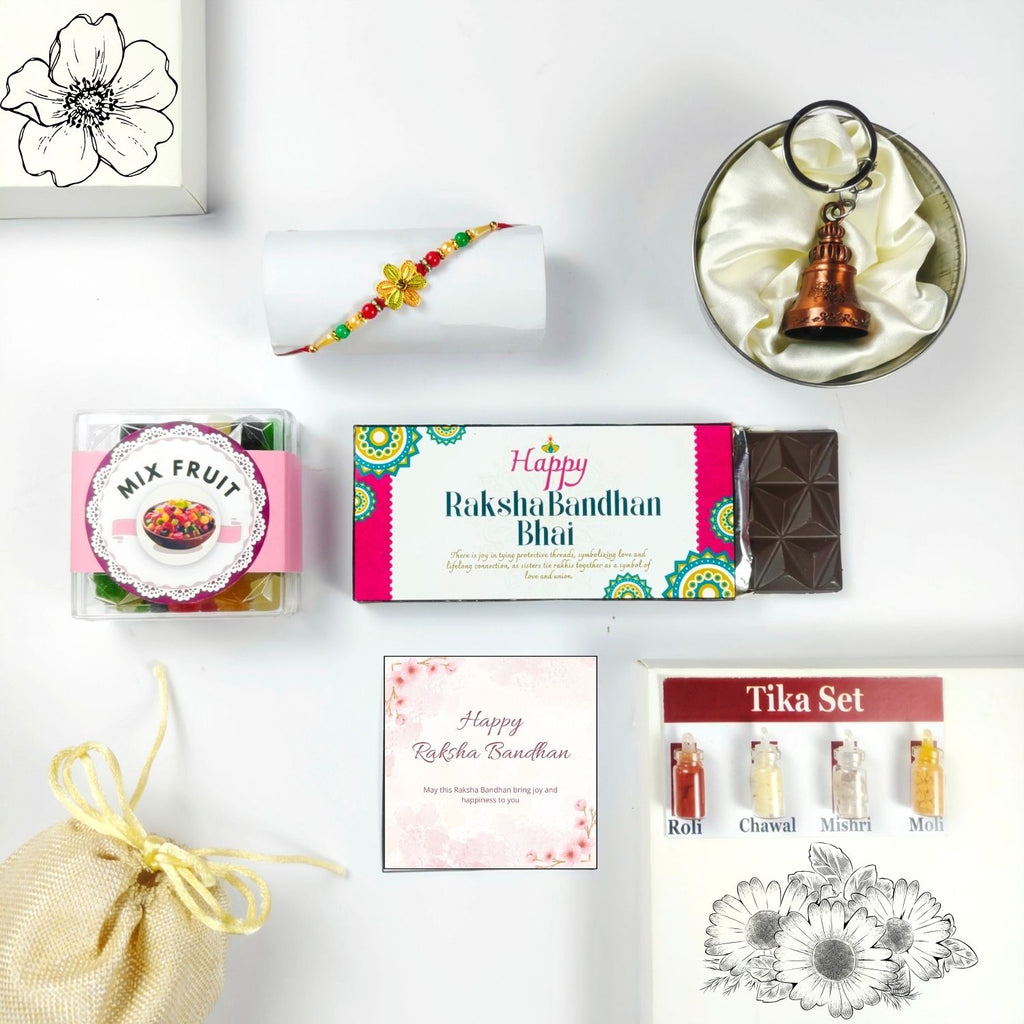 Special Rakhi Gift For Brother , Chocolate Gift Hamper With Rakhi, Tika Set, Guardian Bell, Jute Potli  And Greeting |Rakhi Gift For Brother