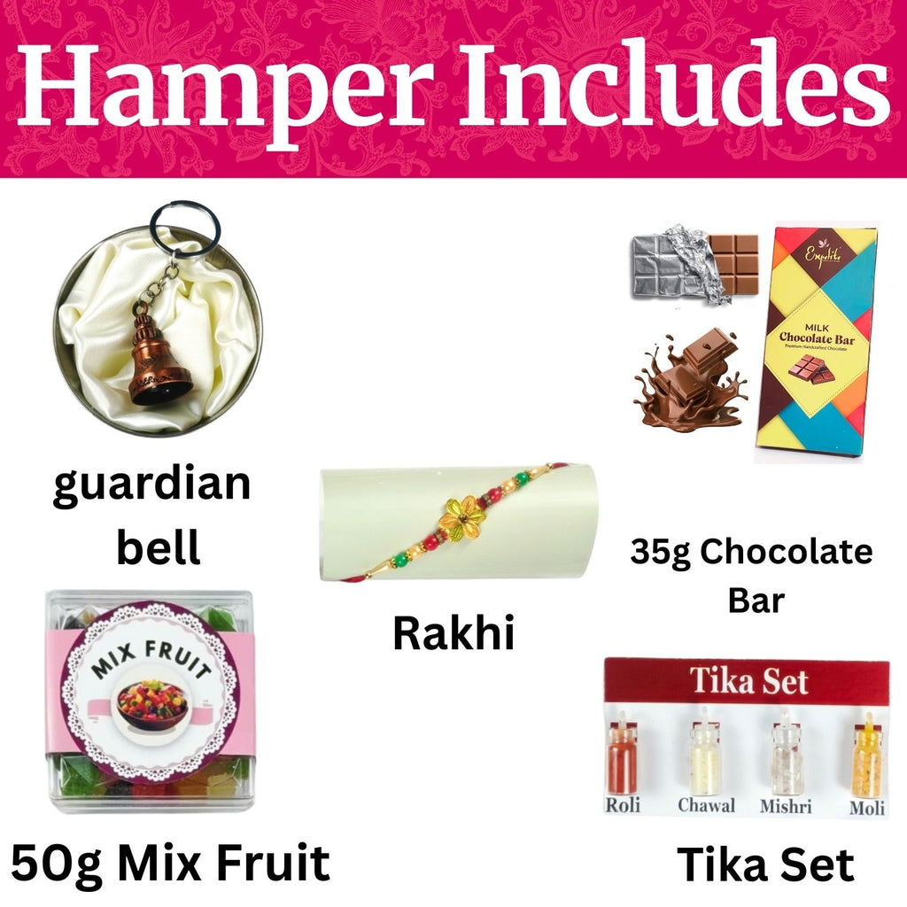 Special Rakhi Gift For Brother , Chocolate Gift Hamper With Rakhi, Tika Set, Guardian Bell, Jute Potli  And Greeting |Rakhi Gift For Brother