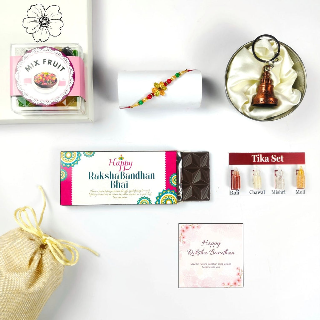 Special Rakhi Gift For Brother , Chocolate Gift Hamper With Rakhi, Tika Set, Guardian Bell, Jute Potli  And Greeting |Rakhi Gift For Brother