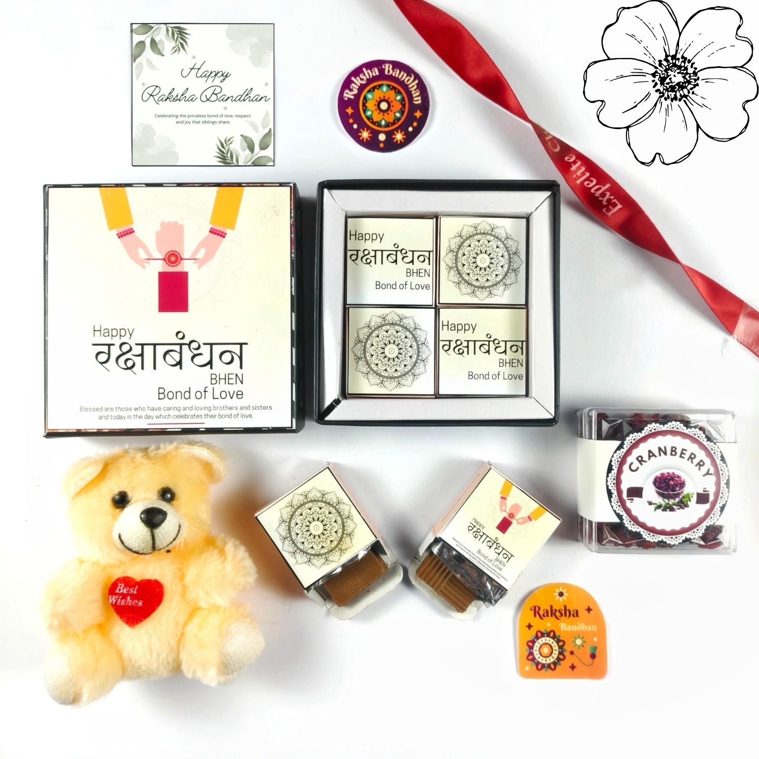 Special Rakhi Gift Hamper For Sister, Raksha Bandhan Gift For Sister With 4 Pcs Chocolate Box, Teddy, Greeting Card And 50G Dried Cranberry , Best Rakhi Hamper For Sis