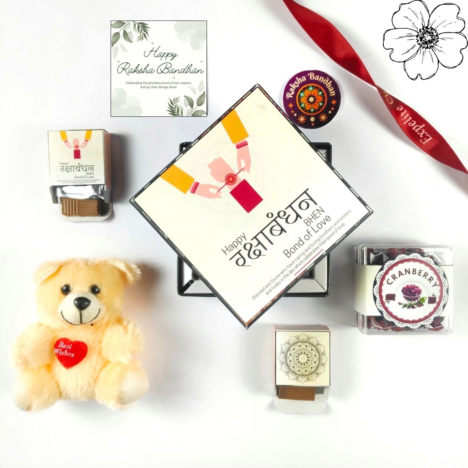 Special Rakhi Gift Hamper For Sister, Raksha Bandhan Gift For Sister With 4 Pcs Chocolate Box, Teddy, Greeting Card And 50G Dried Cranberry , Best Rakhi Hamper For Sis