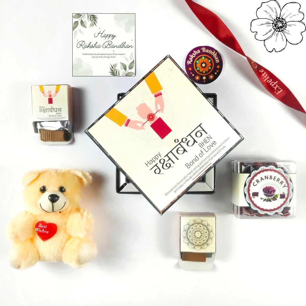 Special Rakhi Gift Hamper For Sister, Raksha Bandhan Gift For Sister With 4 Pcs Chocolate Box, Teddy, Greeting Card And 50G Dried Cranberry , Best Rakhi Hamper For Sis