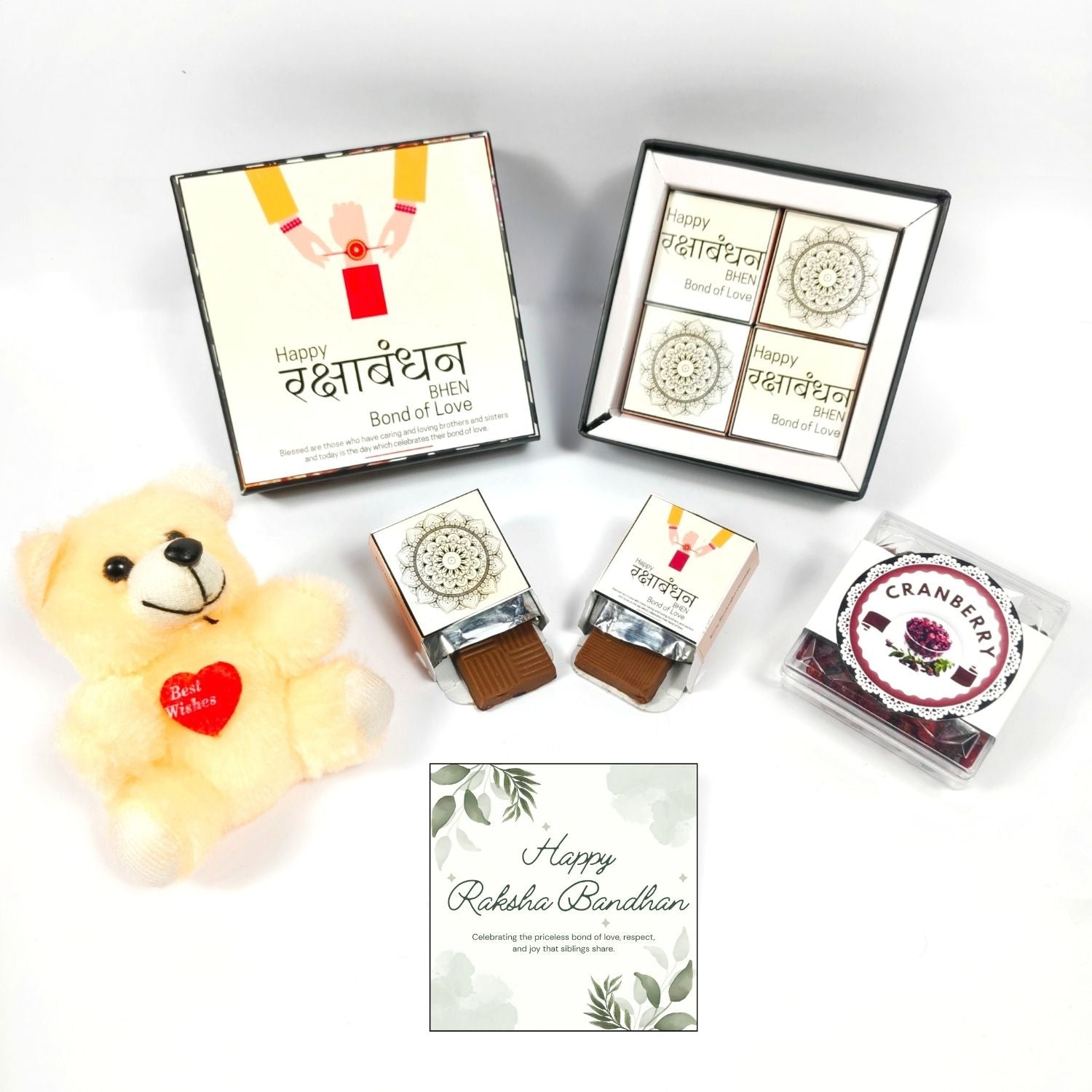 Special Rakhi Gift Hamper For Sister, Raksha Bandhan Gift For Sister With 4 Pcs Chocolate Box, Teddy, Greeting Card And 50G Dried Cranberry , Best Rakhi Hamper For Sis