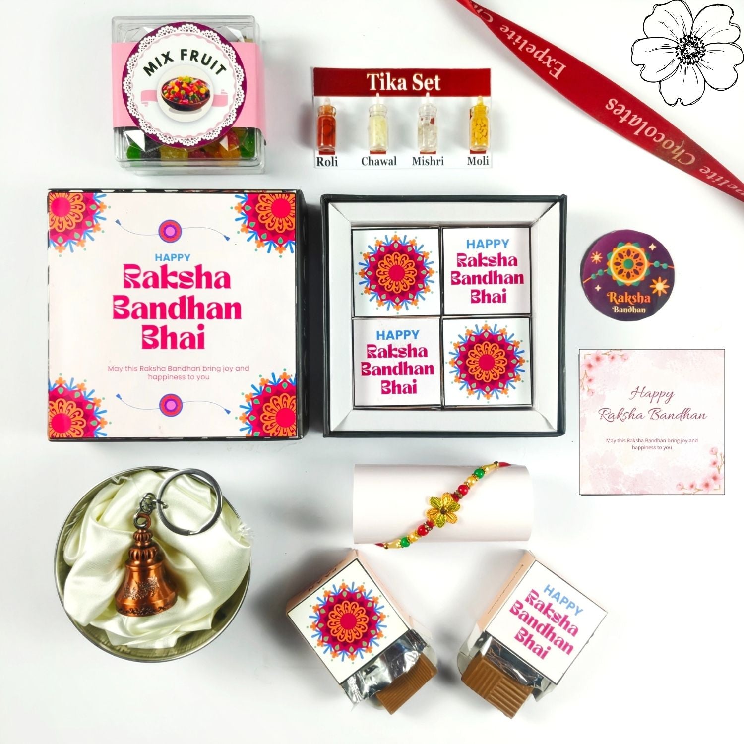 Unique Rakhi Chocoalte Hamper For Brother, Rakshabandhan Combo For Bhai With 4 Pcs Chocolate Box, Rakhi, Tika Set, Greeting Card, Guardian Bell And 50G Mix Fruit, Best Rakhi Gift For Bhai