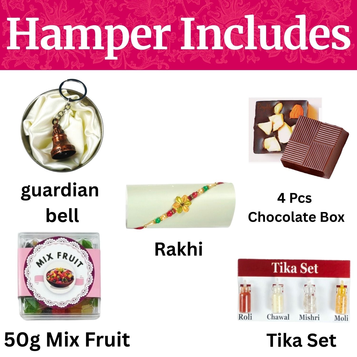 Unique Rakhi Chocoalte Hamper For Brother, Rakshabandhan Combo For Bhai With 4 Pcs Chocolate Box, Rakhi, Tika Set, Greeting Card, Guardian Bell And 50G Mix Fruit, Best Rakhi Gift For Bhai