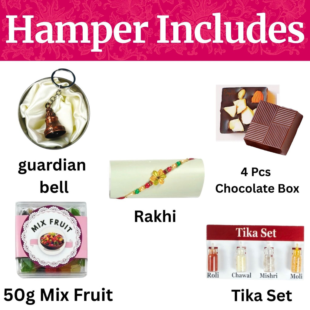 Unique Rakhi Chocoalte Hamper For Brother, Rakshabandhan Combo For Bhai With 4 Pcs Chocolate Box, Rakhi, Tika Set, Greeting Card, Guardian Bell And 50G Mix Fruit, Best Rakhi Gift For Bhai