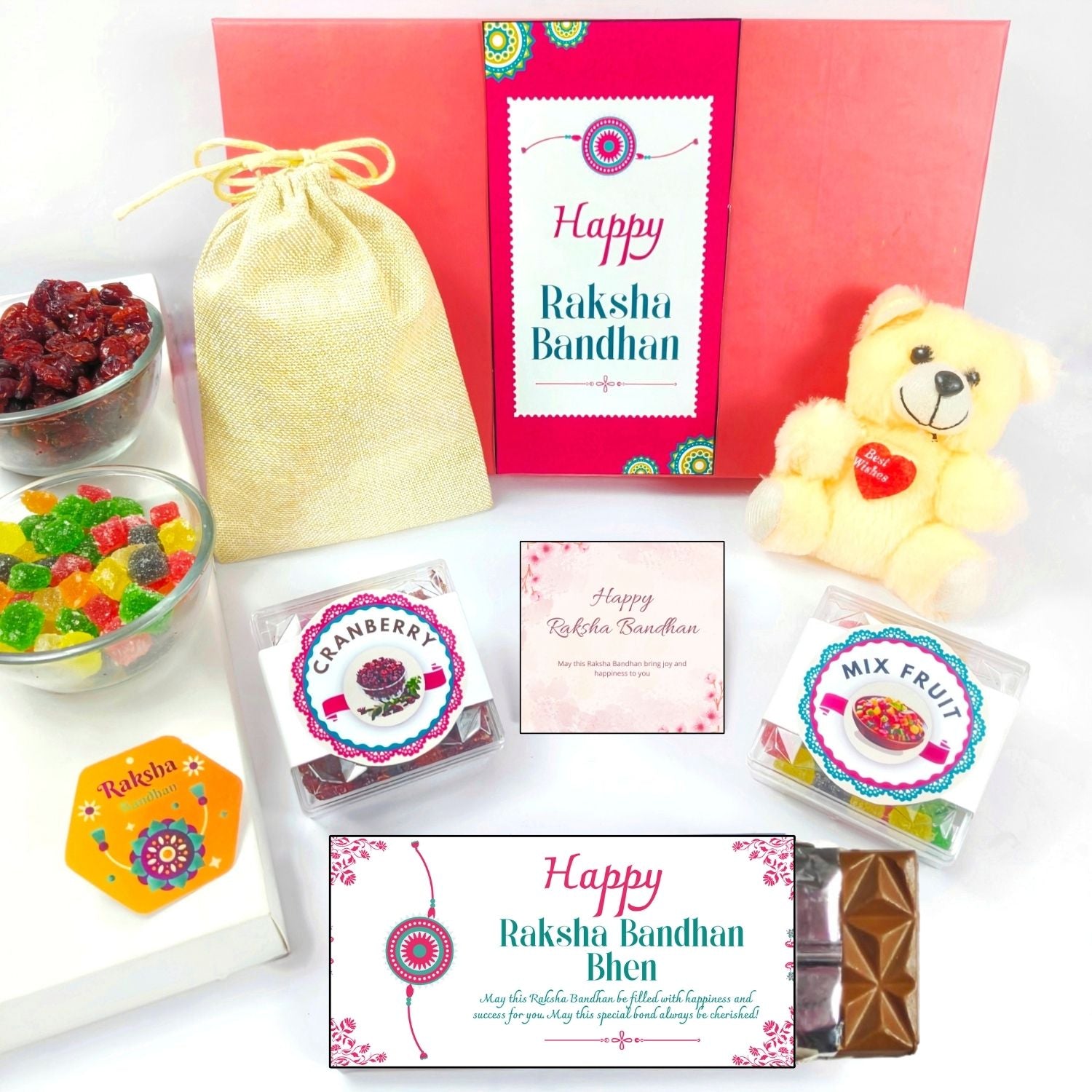 Special Rakhi Gift Hamper For Sister , Rakhi Gift For Sister Kids, Raksha Bandhan Gift For Sister With 35G Chocolate Bar, Teddy, Greeting Card, Jute Potli, 50G Dried Cranberry And 50G Mix Fruit, Rakhi Hamper For Sister