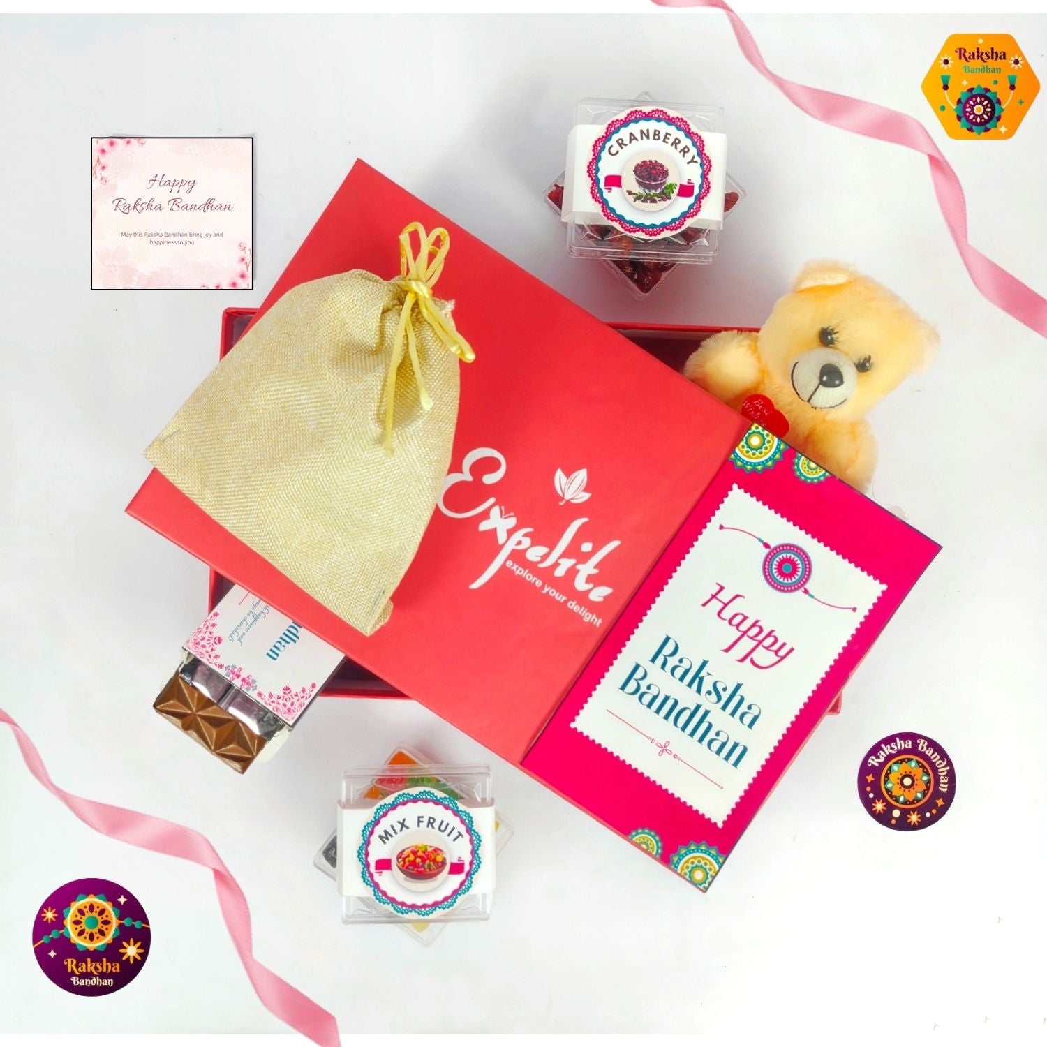 Special Rakhi Gift Hamper For Sister , Rakhi Gift For Sister Kids, Raksha Bandhan Gift For Sister With 35G Chocolate Bar, Teddy, Greeting Card, Jute Potli, 50G Dried Cranberry And 50G Mix Fruit, Rakhi Hamper For Sister