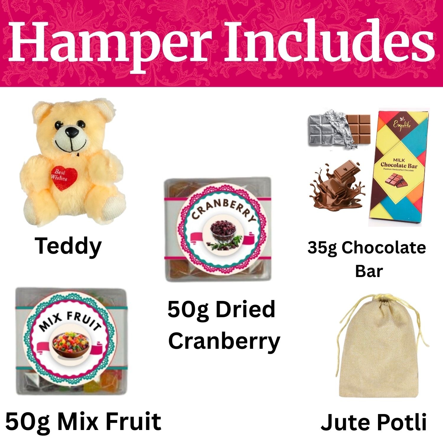 Special Rakhi Gift Hamper For Sister , Rakhi Gift For Sister Kids, Raksha Bandhan Gift For Sister With 35G Chocolate Bar, Teddy, Greeting Card, Jute Potli, 50G Dried Cranberry And 50G Mix Fruit, Rakhi Hamper For Sister