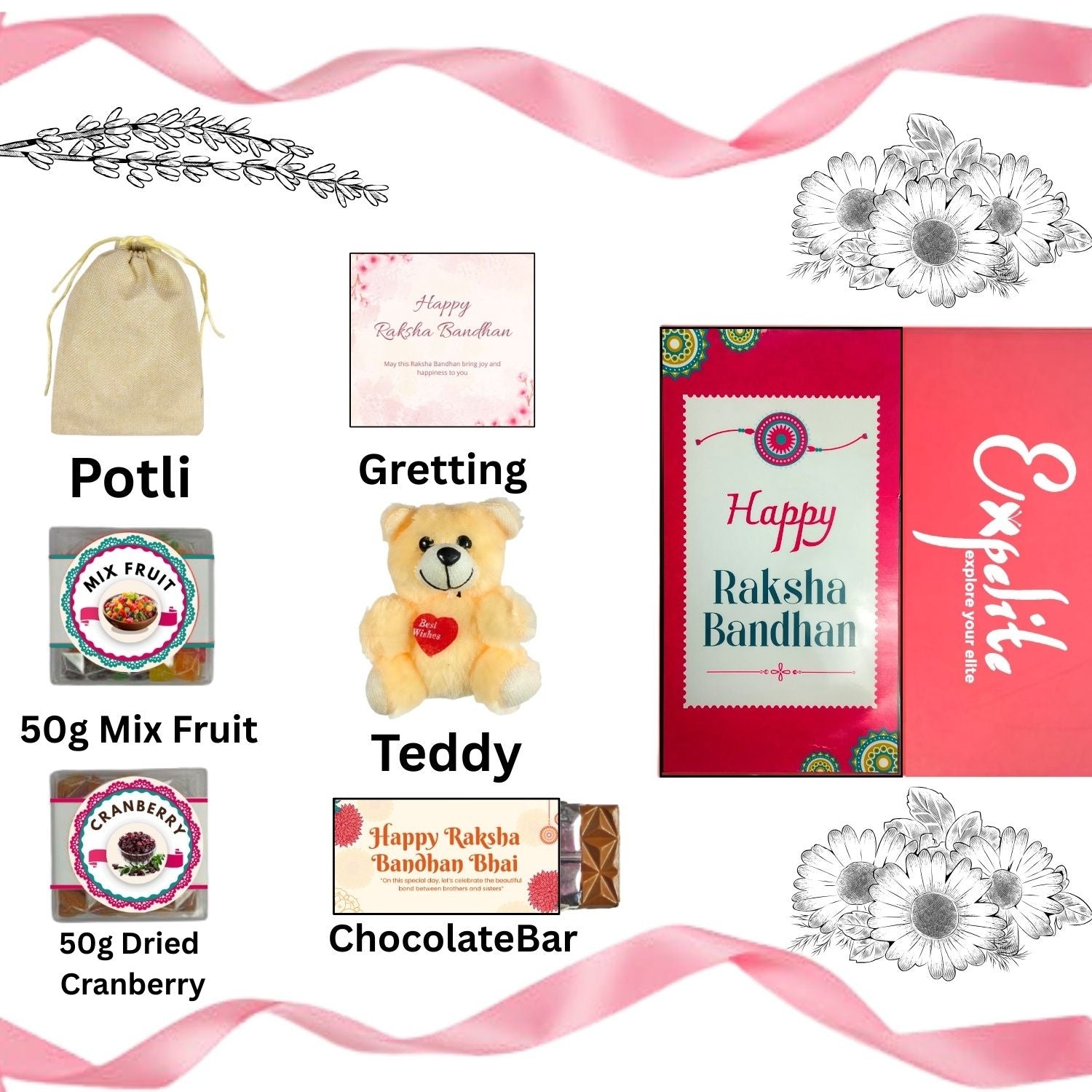 Special Rakhi Gift Hamper For Sister , Rakhi Gift For Sister Kids, Raksha Bandhan Gift For Sister With 35G Chocolate Bar, Teddy, Greeting Card, Jute Potli, 50G Dried Cranberry And 50G Mix Fruit, Rakhi Hamper For Sister