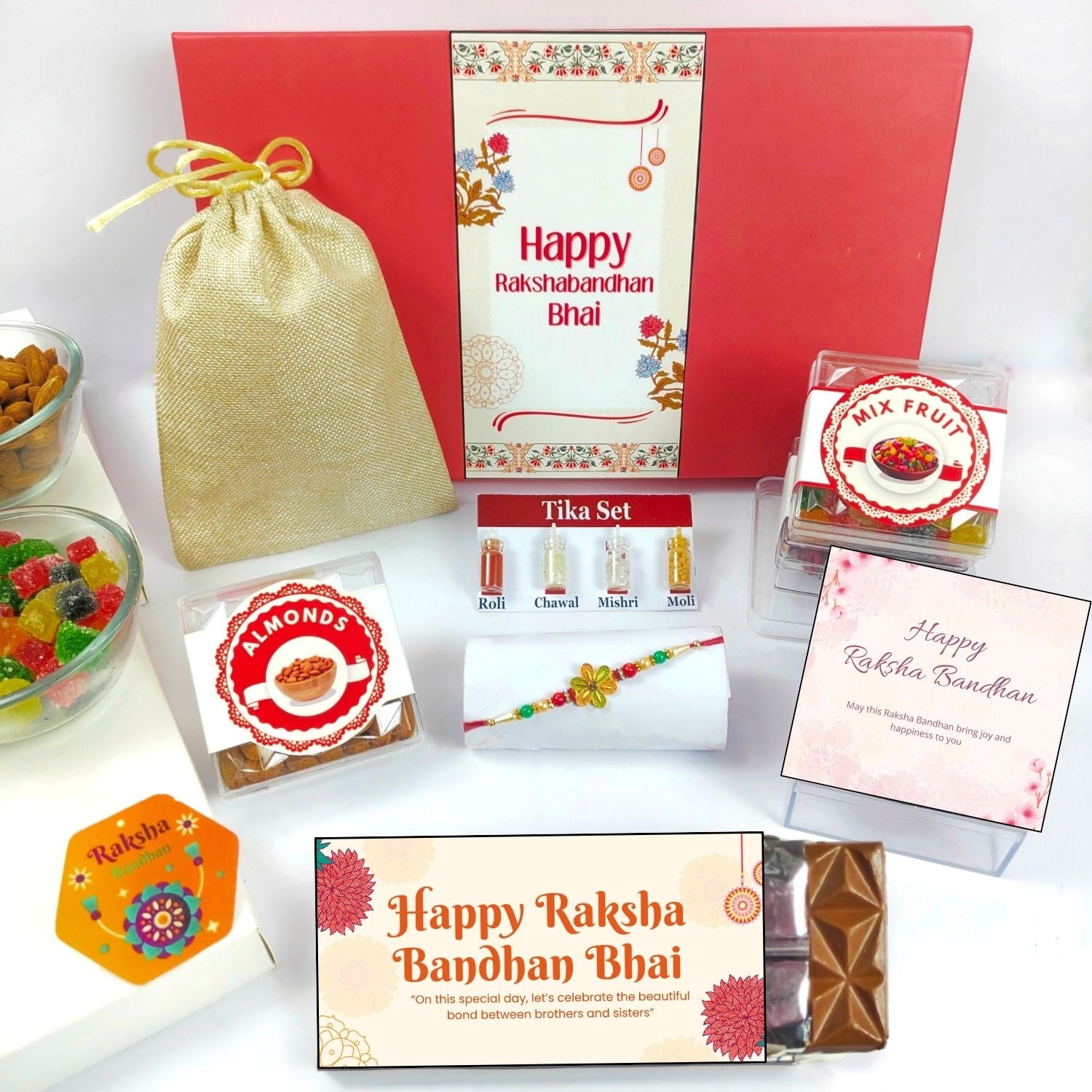 Special Rakhi Gift Hamper For Brother, Rakhi Gift For Brother Kids, Raksha Bandhan Gift For Bhai With 35G Chocolate Bar, Rakhi, Tika Set, Greeting Card, Jute Potli And 50G Almonds And 50G  Mix Fruit , Best Rakhi Gift Hamper For Bhai