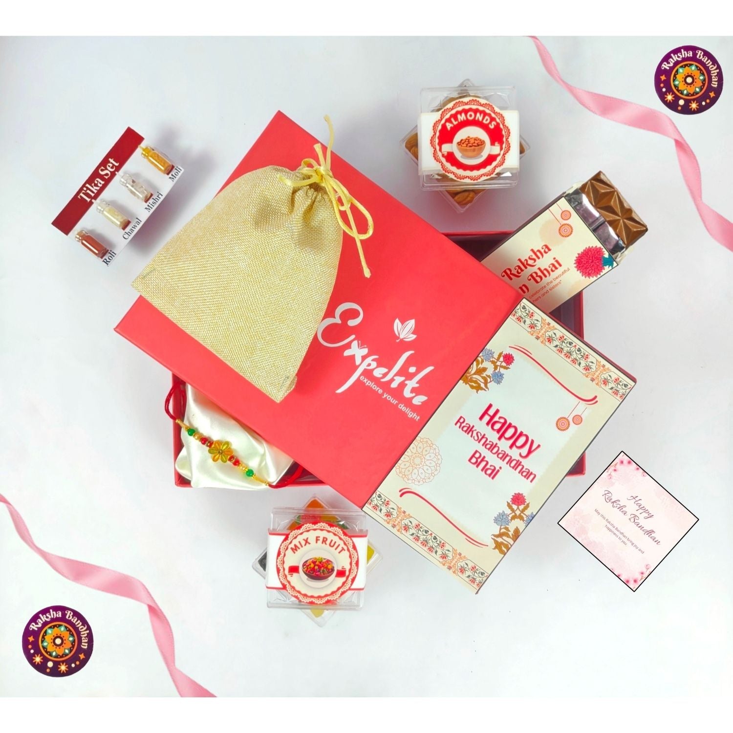 Special Rakhi Gift Hamper For Brother, Rakhi Gift For Brother Kids, Raksha Bandhan Gift For Bhai With 35G Chocolate Bar, Rakhi, Tika Set, Greeting Card, Jute Potli And 50G Almonds And 50G  Mix Fruit , Best Rakhi Gift Hamper For Bhai