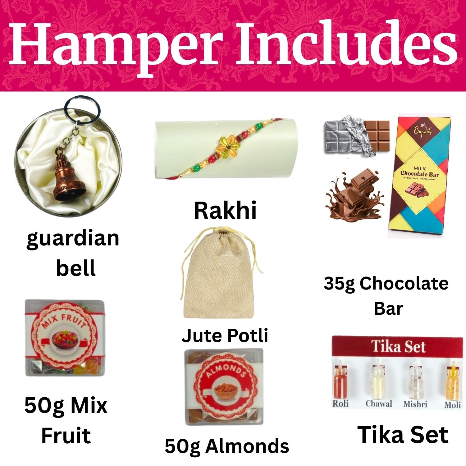Special Rakhi Gift Hamper For Brother, Rakhi Gift For Brother Kids, Raksha Bandhan Gift For Bhai With 35G Chocolate Bar, Rakhi, Tika Set, Greeting Card, Jute Potli And 50G Almonds And 50G  Mix Fruit , Best Rakhi Gift Hamper For Bhai
