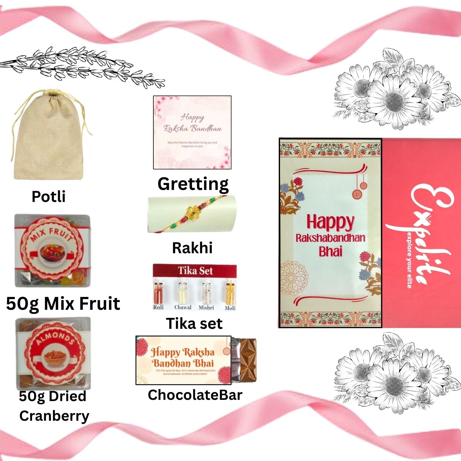 Special Rakhi Gift Hamper For Brother, Rakhi Gift For Brother Kids, Raksha Bandhan Gift For Bhai With 35G Chocolate Bar, Rakhi, Tika Set, Greeting Card, Jute Potli And 50G Almonds And 50G  Mix Fruit , Best Rakhi Gift Hamper For Bhai