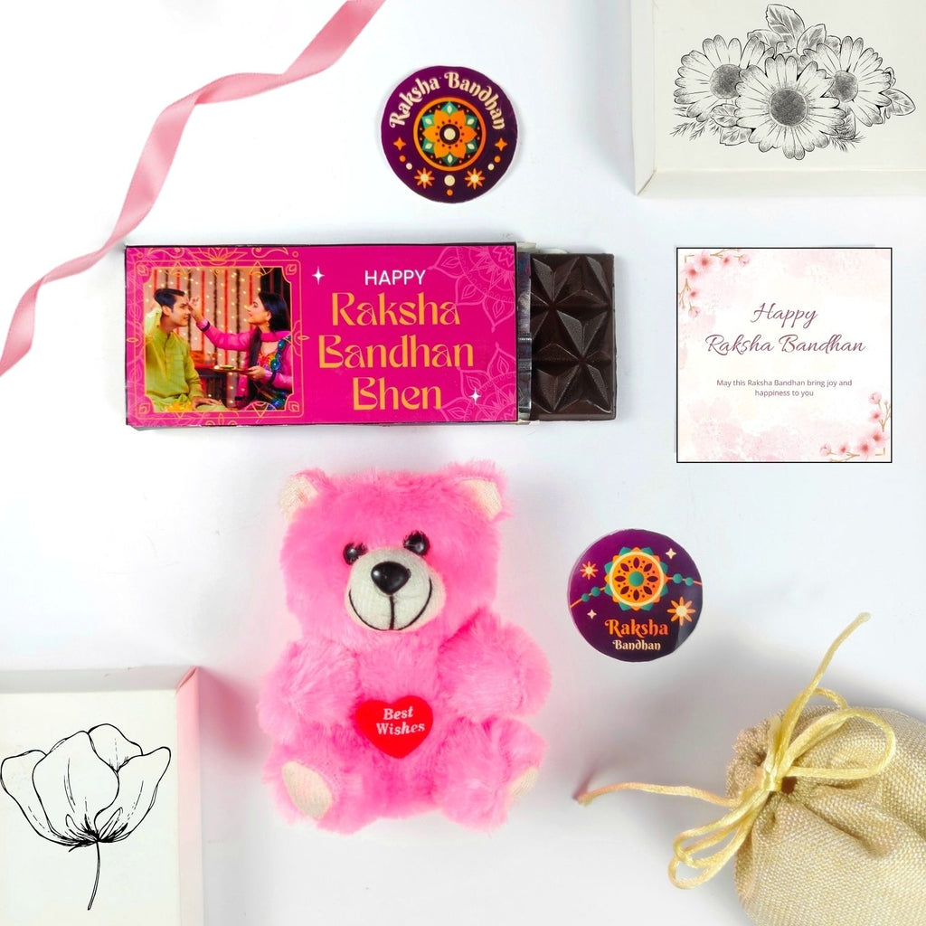 Customized Rakhi Gift For Bhen, Rakshabandhan Gift For Sister With 35G Chocolate Bar, Teddy, Greeting Card And Potli | Best Raksha Bandhan Gift