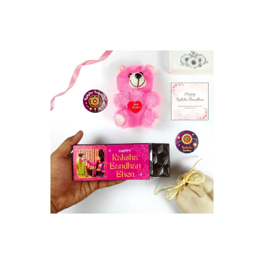 Customized Rakhi Gift For Bhen, Rakshabandhan Gift For Sister With 35G Chocolate Bar, Teddy, Greeting Card And Potli | Best Raksha Bandhan Gift