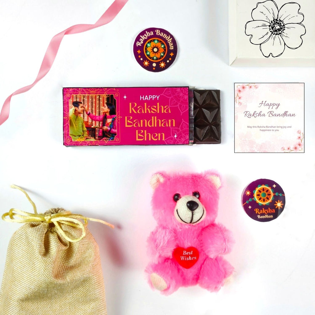 Customized Rakhi Gift For Bhen, Rakshabandhan Gift For Sister With 35G Chocolate Bar, Teddy, Greeting Card And Potli | Best Raksha Bandhan Gift