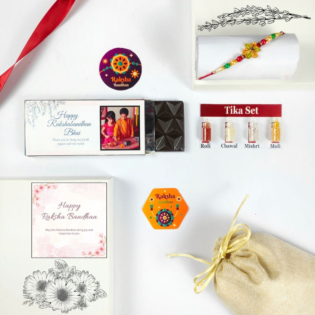 Personalized Rakhi Hamper For Brother, Rakhi Chocolate Gift For Bhai With 35G Chocolate Bar, Rakhi, Tika Set, Greeting Card And Potli | Unique Raksha Bandhan Gift