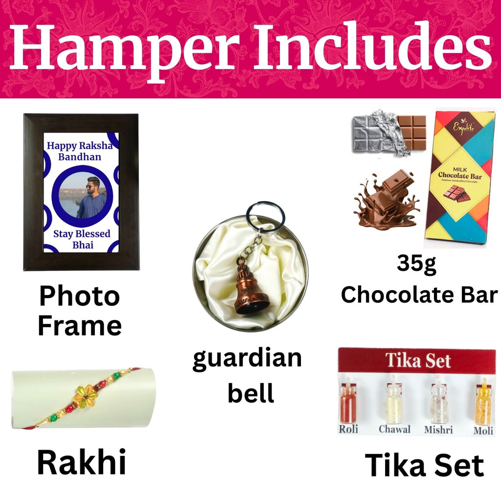 Unique Personalized Rakhi Combo For Brother, Rakshabandhan Gift For Brother With Evil Eye Theme 35G Chocolate Bar, Customized Photo Frame, Rakhi, Tika Set, Greeting Card And Guardian Bell | Unique Rakhi Gift