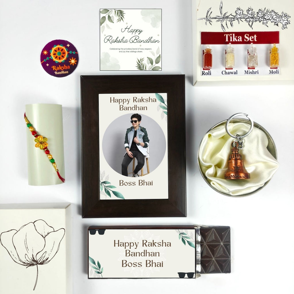 Unique Personalized Rakhi Combo For Brother, Raksha Bandhan Gift For Brother With Boss Bhai Theme 35G Chocolate Bar, Personalised Photo Frame,  Rakhi, Tika Set, Greeting Card And Guardian Bell | Unique Rakhi Gift