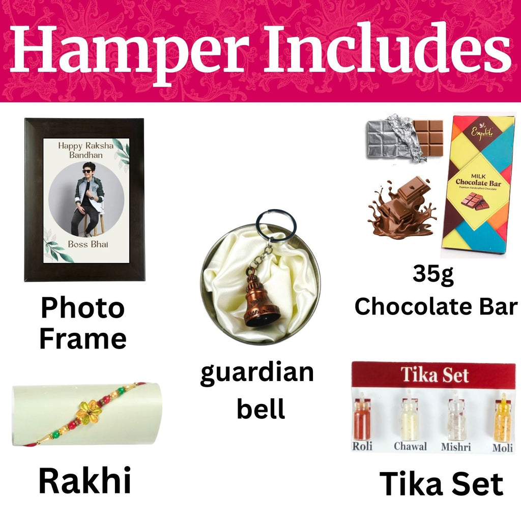 Unique Personalized Rakhi Combo For Brother, Raksha Bandhan Gift For Brother With Boss Bhai Theme 35G Chocolate Bar, Personalised Photo Frame,  Rakhi, Tika Set, Greeting Card And Guardian Bell | Unique Rakhi Gift