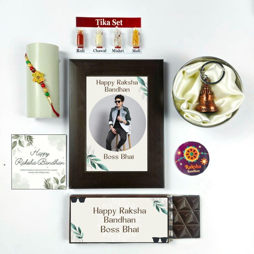 Unique Personalized Rakhi Combo For Brother, Raksha Bandhan Gift For Brother With Boss Bhai Theme 35G Chocolate Bar, Personalised Photo Frame,  Rakhi, Tika Set, Greeting Card And Guardian Bell | Unique Rakhi Gift