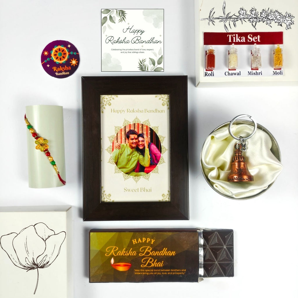 Unique Personalized Rakhi Combo For Brother, Rakshabandhan Gift For Brother With Sweet Bhai Theme 35G Chocolate Bar, Customized Photo Frame, Rakhi, Tika Set, Greeting Card And Guardian Bell | Unique Rakhi Gift