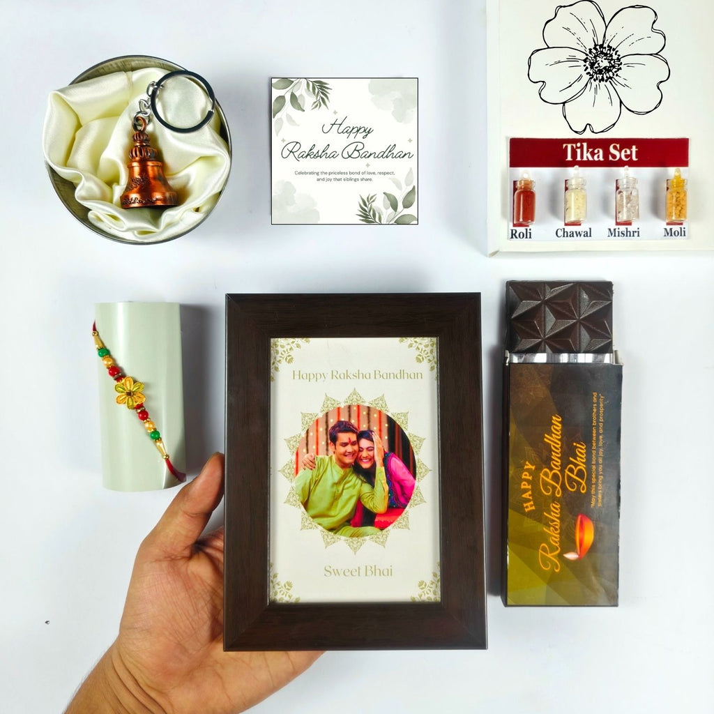 Unique Personalized Rakhi Combo For Brother, Rakshabandhan Gift For Brother With Sweet Bhai Theme 35G Chocolate Bar, Customized Photo Frame, Rakhi, Tika Set, Greeting Card And Guardian Bell | Unique Rakhi Gift