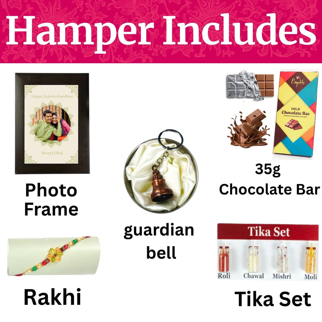 Unique Personalized Rakhi Combo For Brother, Rakshabandhan Gift For Brother With Sweet Bhai Theme 35G Chocolate Bar, Customized Photo Frame, Rakhi, Tika Set, Greeting Card And Guardian Bell | Unique Rakhi Gift