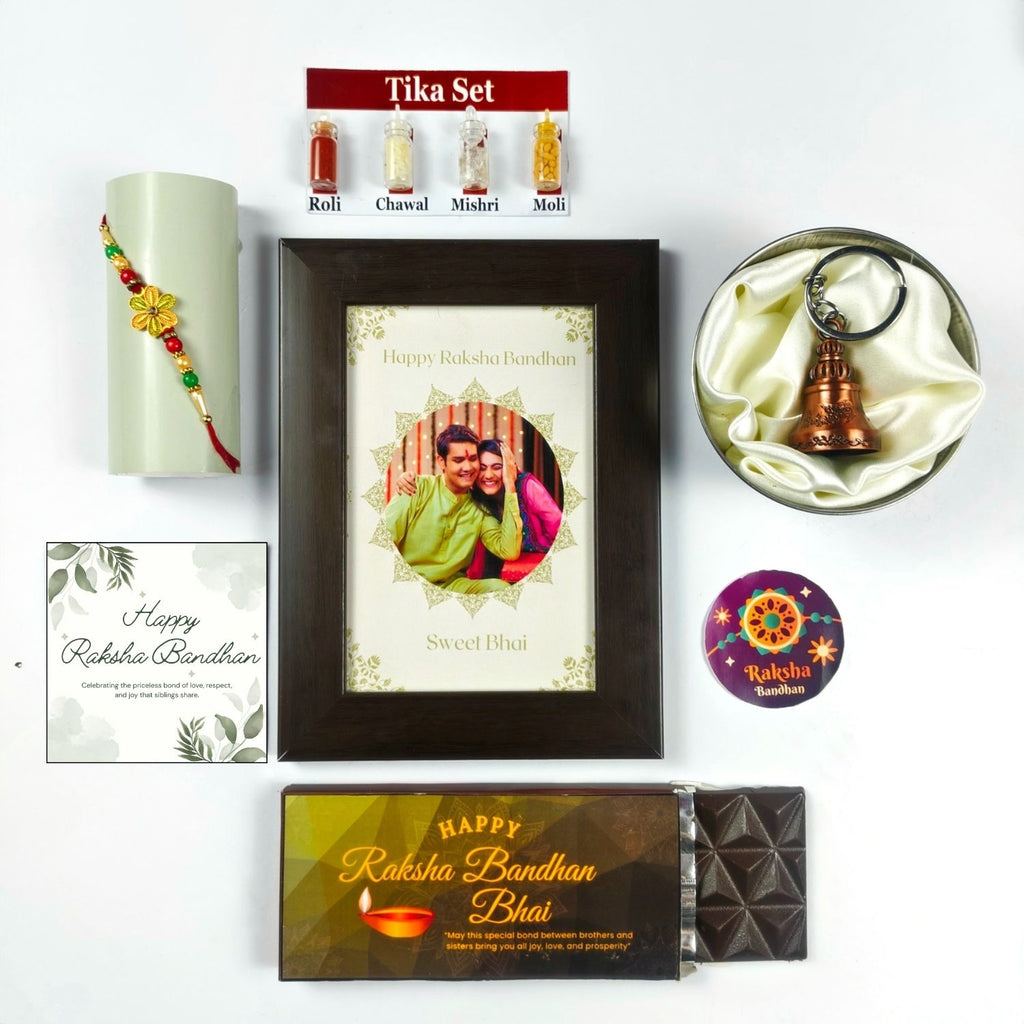 Unique Personalized Rakhi Combo For Brother, Rakshabandhan Gift For Brother With Sweet Bhai Theme 35G Chocolate Bar, Customized Photo Frame, Rakhi, Tika Set, Greeting Card And Guardian Bell | Unique Rakhi Gift