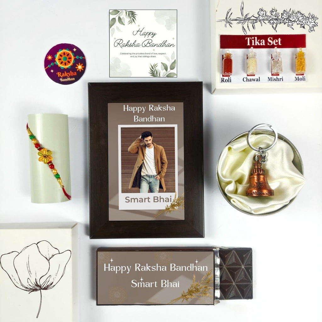 Unique Personalized Rakshabandhan Combo For Brother, Rakhi Gift For Brother With Smart Bhai Theme 35G Chocolate Bar, Customized Photo Frame, Rakhi, Tika Set, Greeting Card And Guardian Bell | Unique Rakhi Gift