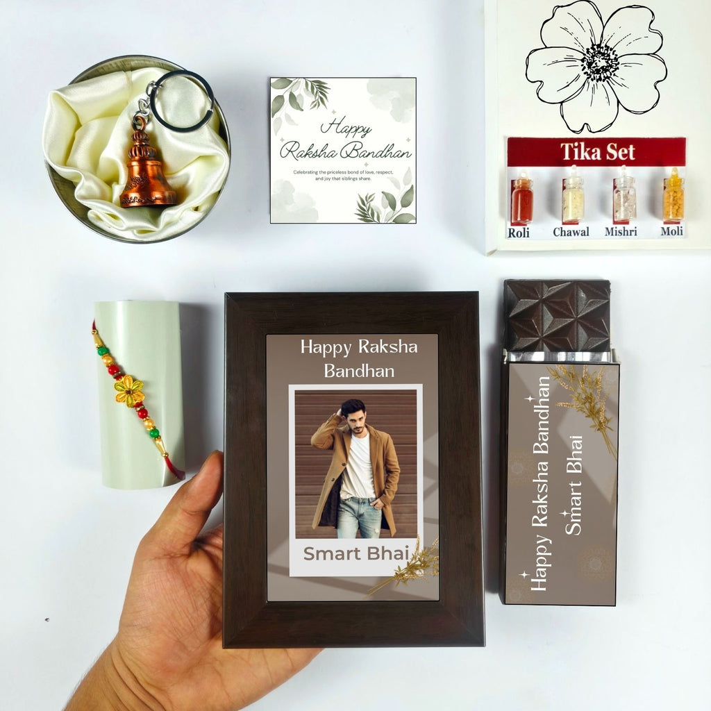 Unique Personalized Rakshabandhan Combo For Brother, Rakhi Gift For Brother With Smart Bhai Theme 35G Chocolate Bar, Customized Photo Frame, Rakhi, Tika Set, Greeting Card And Guardian Bell | Unique Rakhi Gift