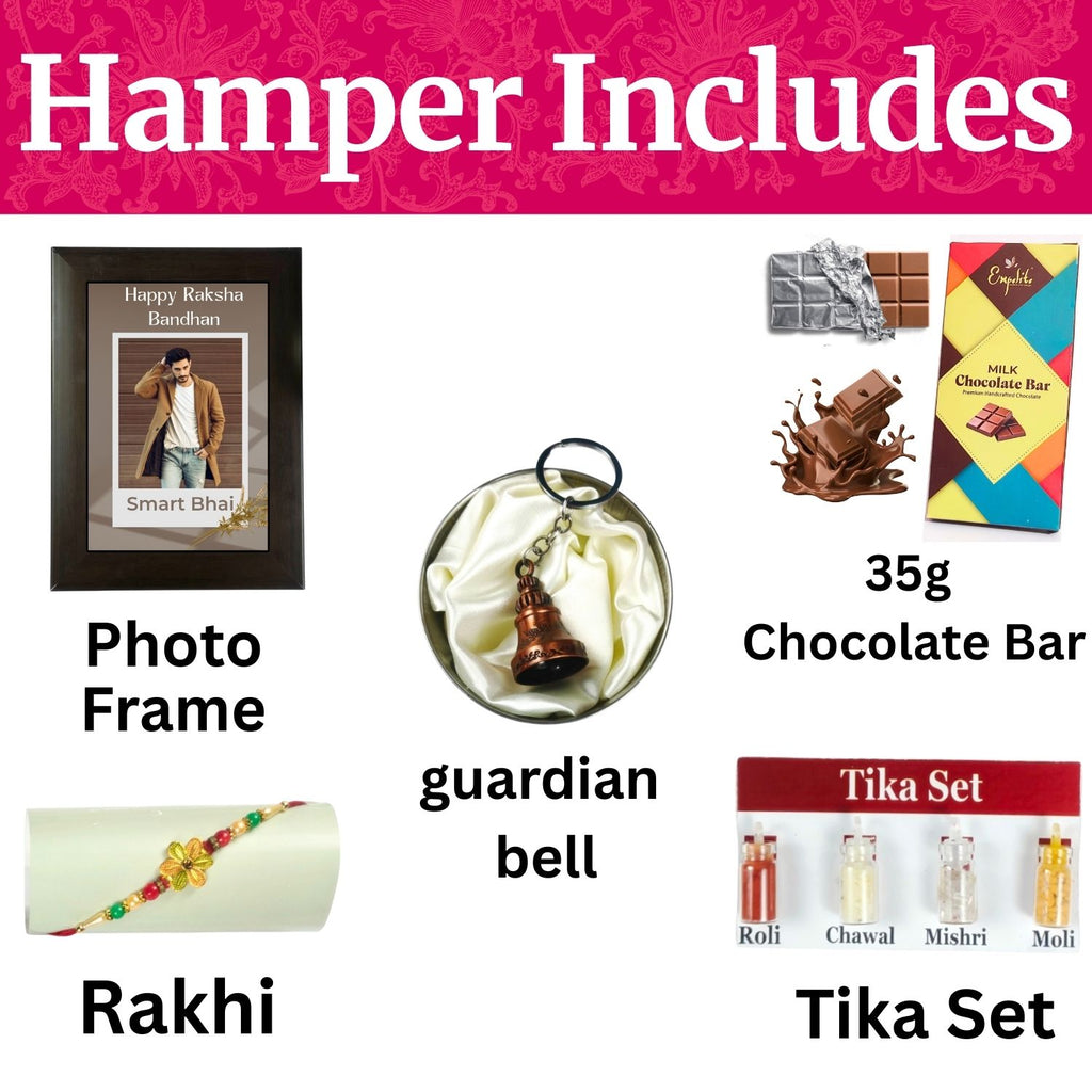 Unique Personalized Rakshabandhan Combo For Brother, Rakhi Gift For Brother With Smart Bhai Theme 35G Chocolate Bar, Customized Photo Frame, Rakhi, Tika Set, Greeting Card And Guardian Bell | Unique Rakhi Gift