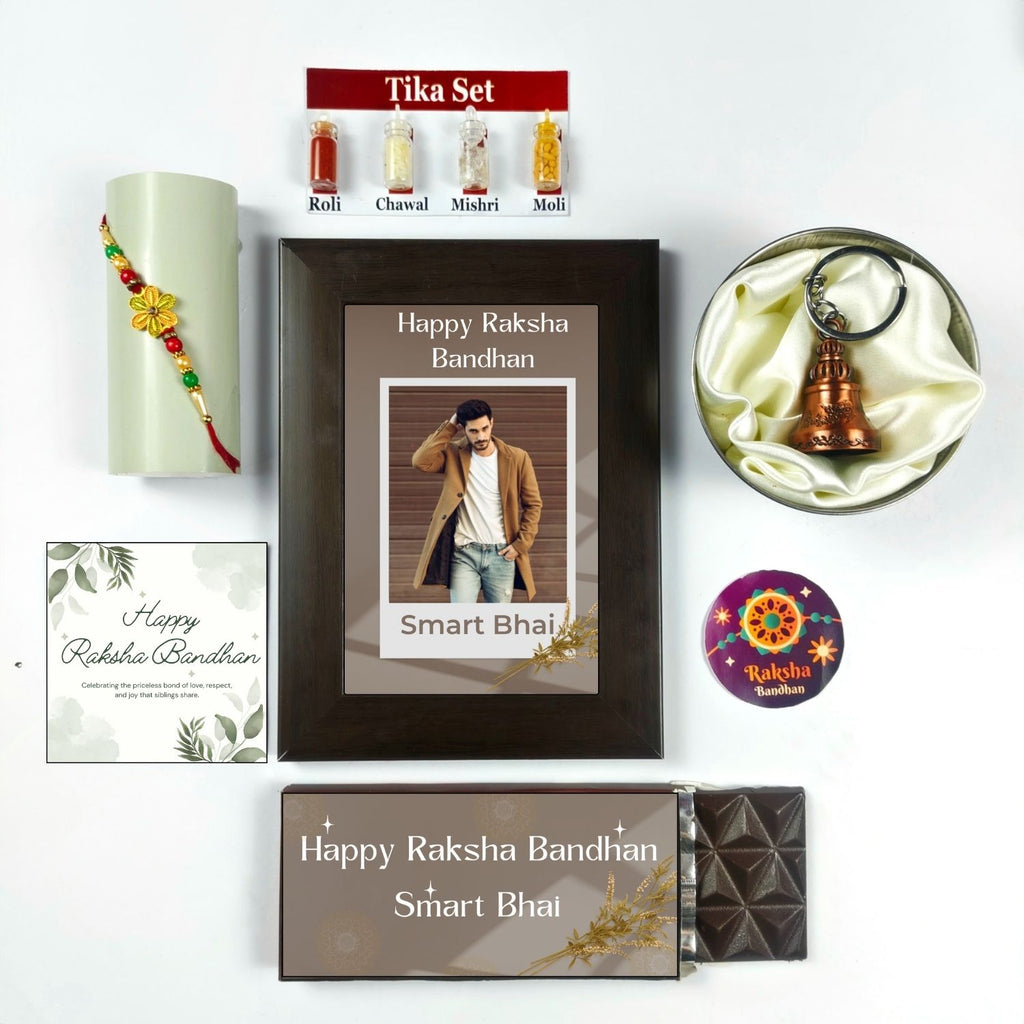 Unique Personalized Rakshabandhan Combo For Brother, Rakhi Gift For Brother With Smart Bhai Theme 35G Chocolate Bar, Customized Photo Frame, Rakhi, Tika Set, Greeting Card And Guardian Bell | Unique Rakhi Gift