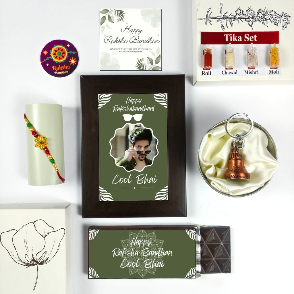 Unique Personalized Rakhi Combo For Brother, Raksha Bandhan Gift For Brother With Cool Bhai Theme 35G Chocolate Bar, Rakhi, Customized Photo Frame, Tika Set, Greeting Card And Guardian Bell | Unique Rakhi Gift