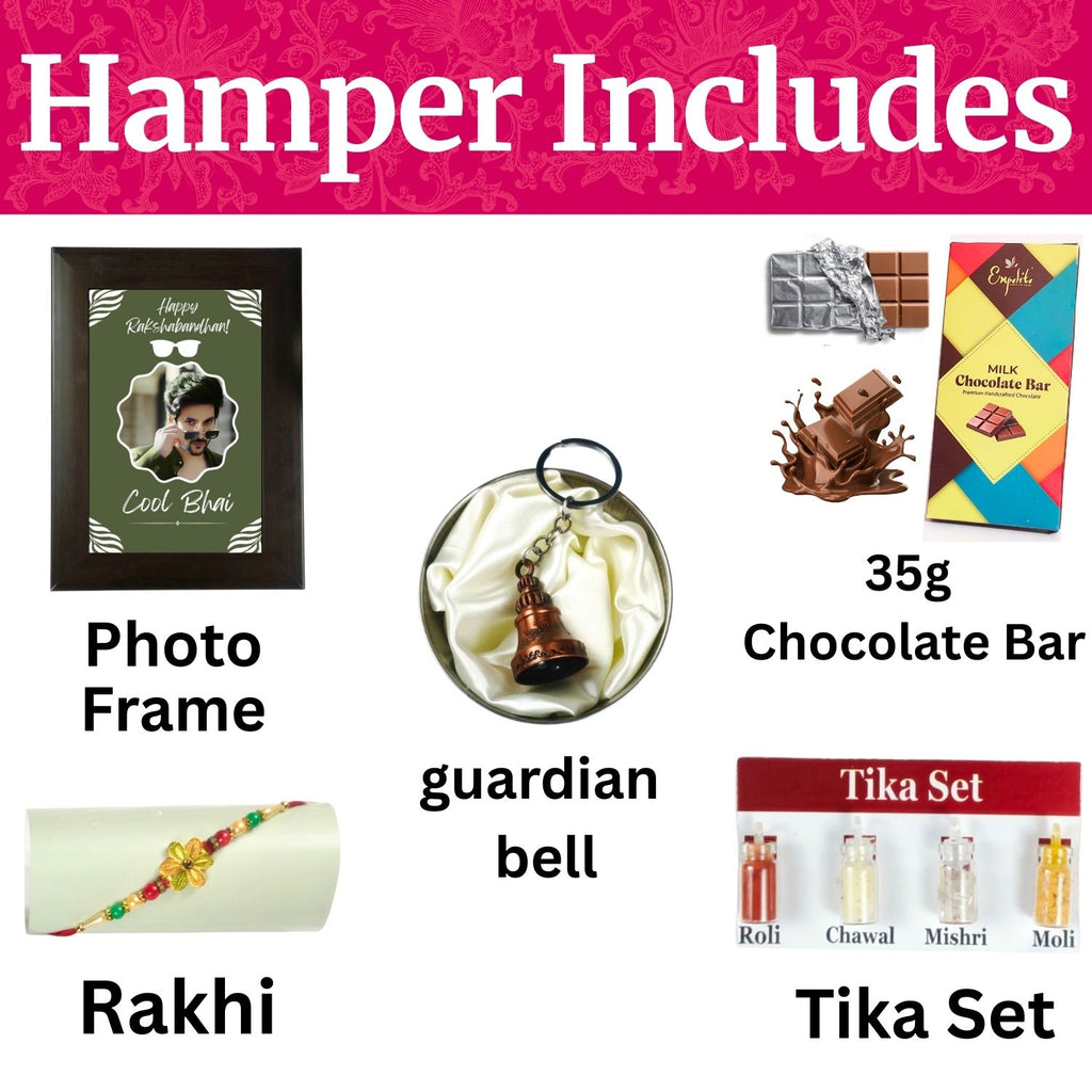 Unique Personalized Rakhi Combo For Brother, Raksha Bandhan Gift For Brother With Cool Bhai Theme 35G Chocolate Bar, Rakhi, Customized Photo Frame, Tika Set, Greeting Card And Guardian Bell | Unique Rakhi Gift