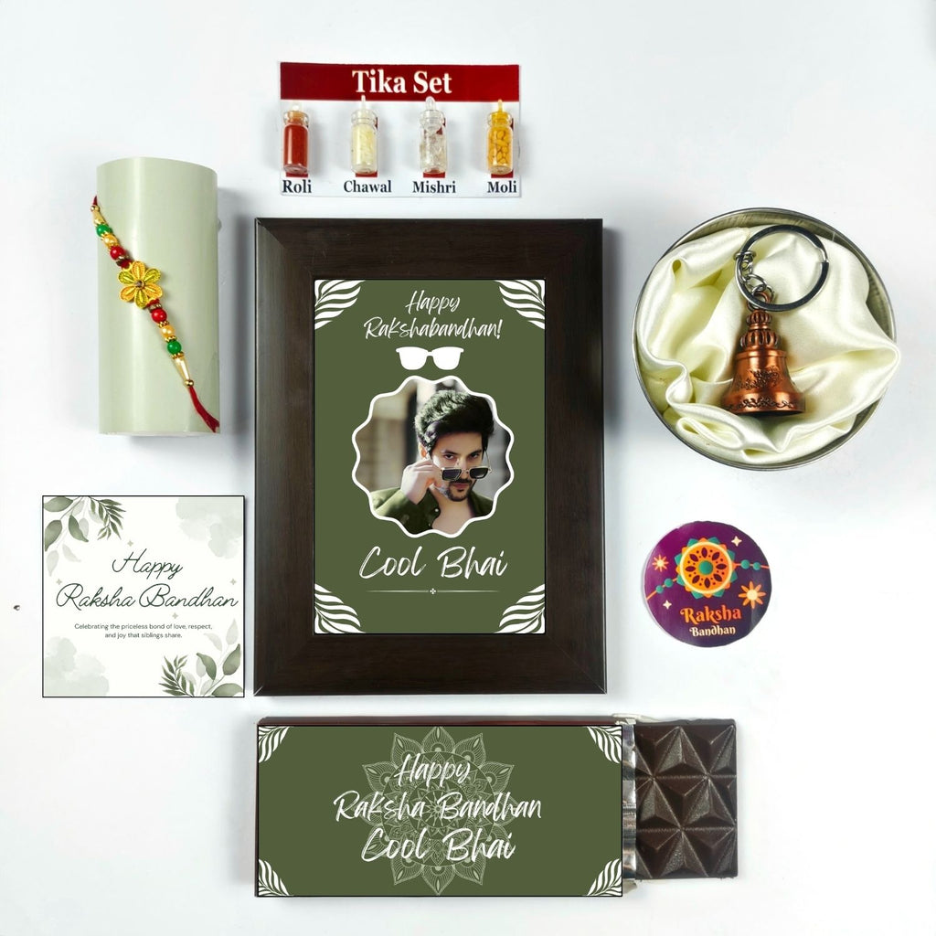 Unique Personalized Rakhi Combo For Brother, Raksha Bandhan Gift For Brother With Cool Bhai Theme 35G Chocolate Bar, Rakhi, Customized Photo Frame, Tika Set, Greeting Card And Guardian Bell | Unique Rakhi Gift