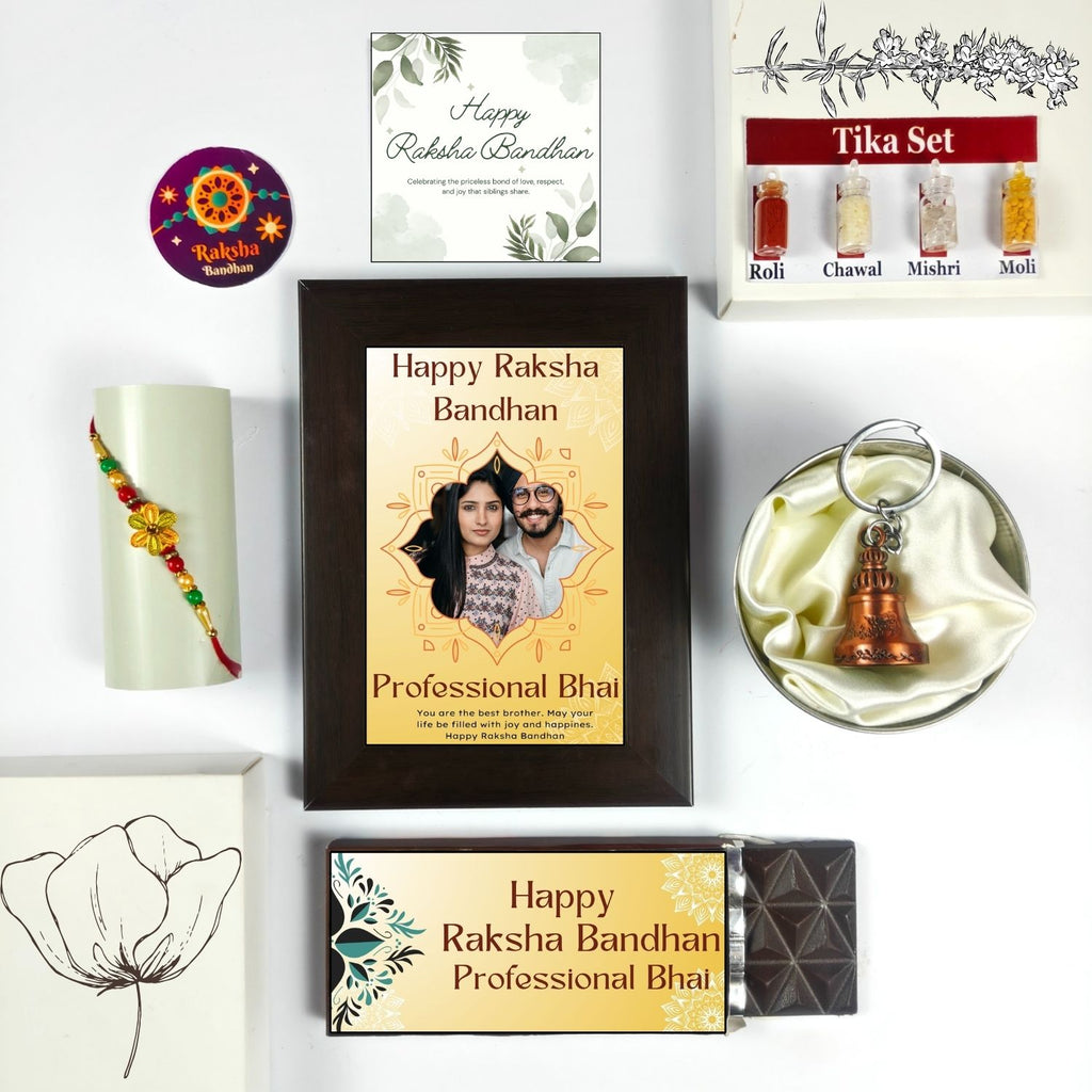 Unique Personalized Raksha Bandhan Combo For Brother, Raksha Bandhan Gift For Brother With Professional Bhai Theme 35G Chocolate Bar, Personalised Photo Frame, Rakhi, Tika Set, Greeting Card And Guardian Bell | Unique Rakhi Gift