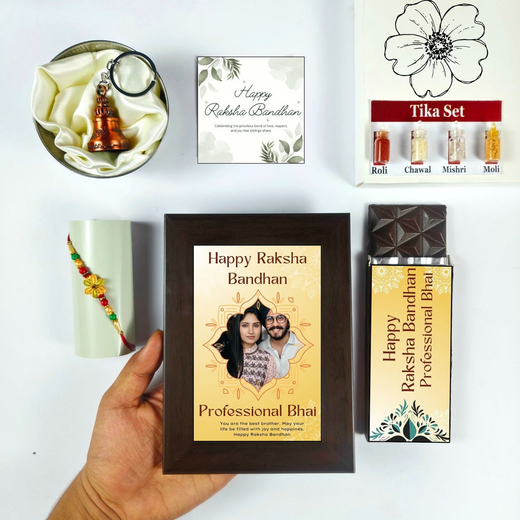 Unique Personalized Raksha Bandhan Combo For Brother, Raksha Bandhan Gift For Brother With Professional Bhai Theme 35G Chocolate Bar, Personalised Photo Frame, Rakhi, Tika Set, Greeting Card And Guardian Bell | Unique Rakhi Gift