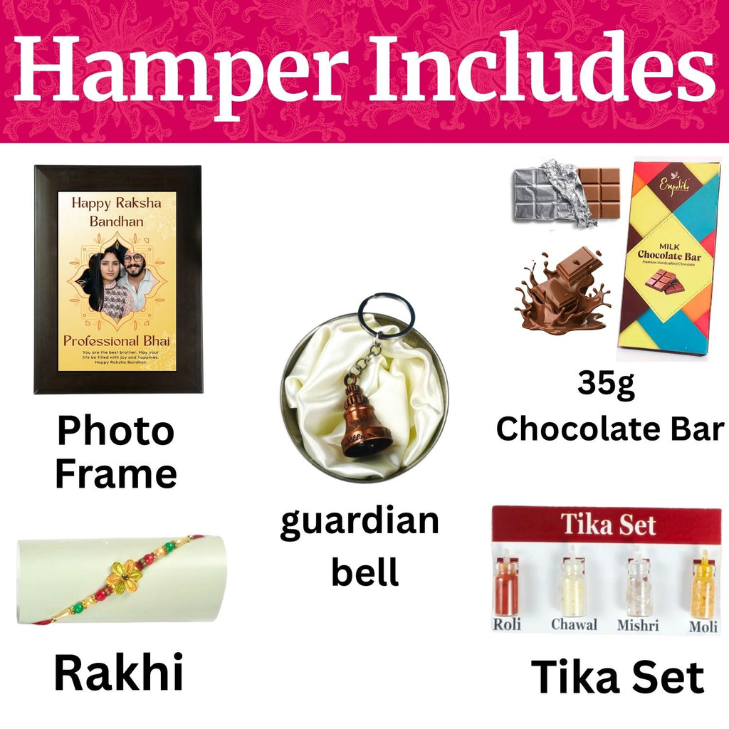 Unique Personalized Raksha Bandhan Combo For Brother, Raksha Bandhan Gift For Brother With Professional Bhai Theme 35G Chocolate Bar, Personalised Photo Frame, Rakhi, Tika Set, Greeting Card And Guardian Bell | Unique Rakhi Gift