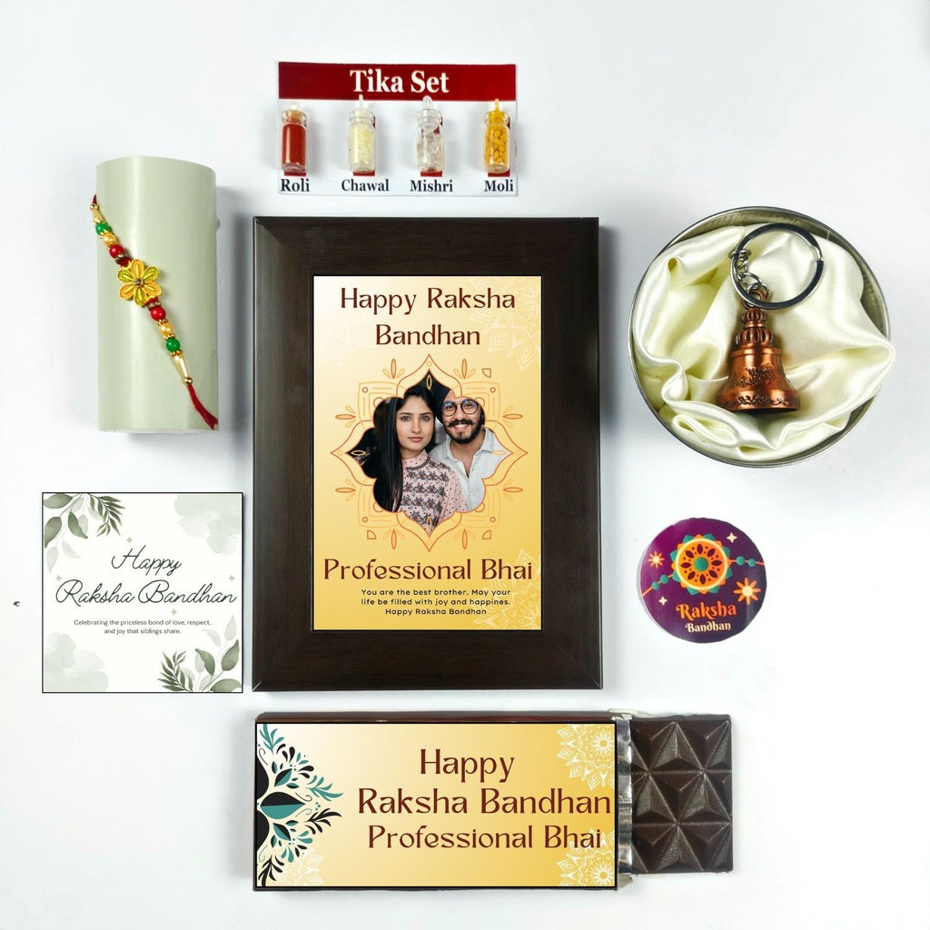 Unique Personalized Raksha Bandhan Combo For Brother, Raksha Bandhan Gift For Brother With Professional Bhai Theme 35G Chocolate Bar, Personalised Photo Frame, Rakhi, Tika Set, Greeting Card And Guardian Bell | Unique Rakhi Gift