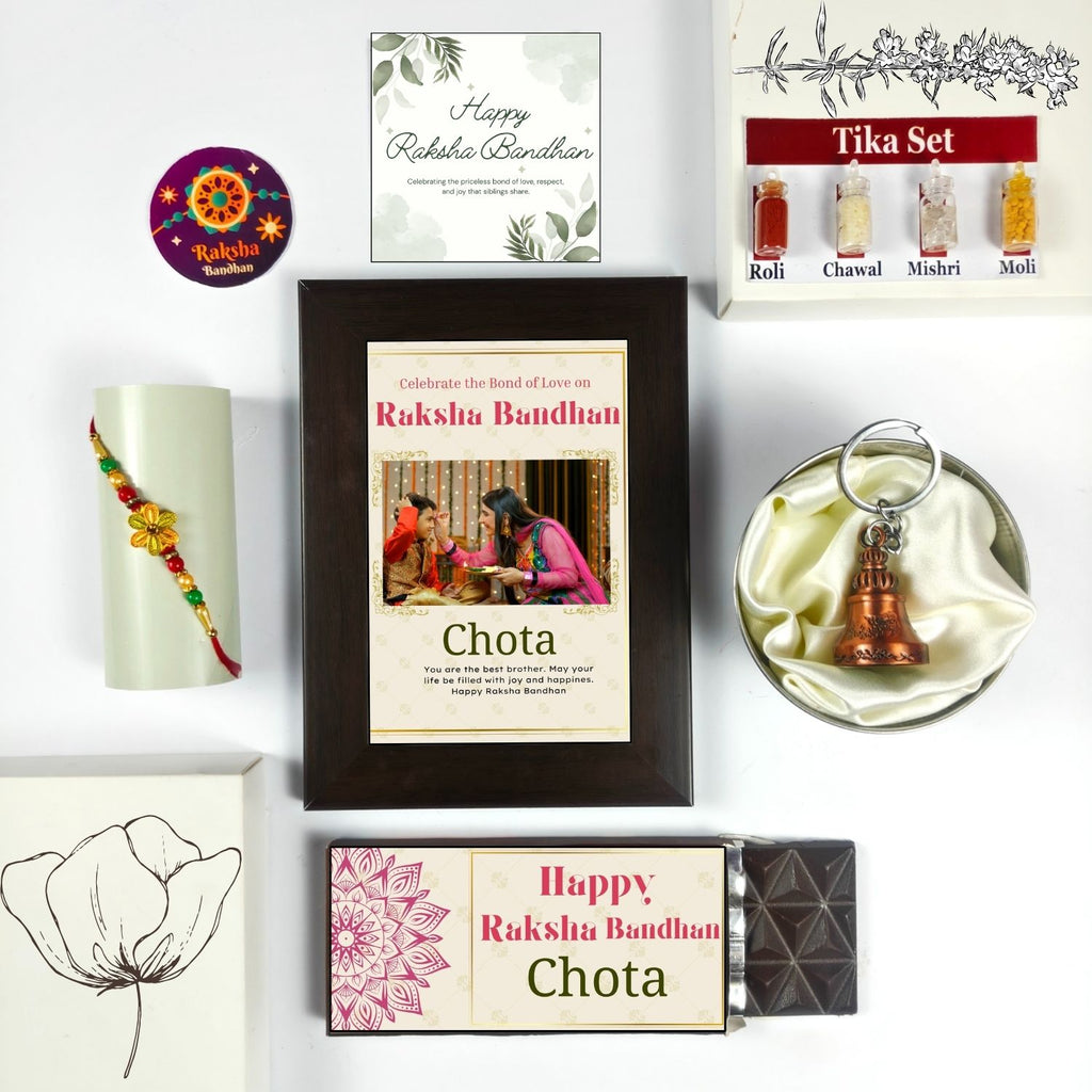 Unique Personalized Rakhi Combo For Brother, Rakshabandhan Gift For Brother With Chota Theme 35G Chocolate Bar, Personalised Photo Frame, Rakhi, Tika Set, Greeting Card And Guardian Bell | Unique Rakhi Gift