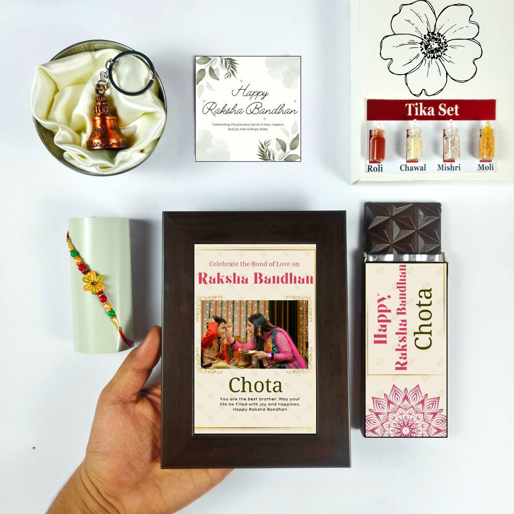 Unique Personalized Rakhi Combo For Brother, Rakshabandhan Gift For Brother With Chota Theme 35G Chocolate Bar, Personalised Photo Frame, Rakhi, Tika Set, Greeting Card And Guardian Bell | Unique Rakhi Gift