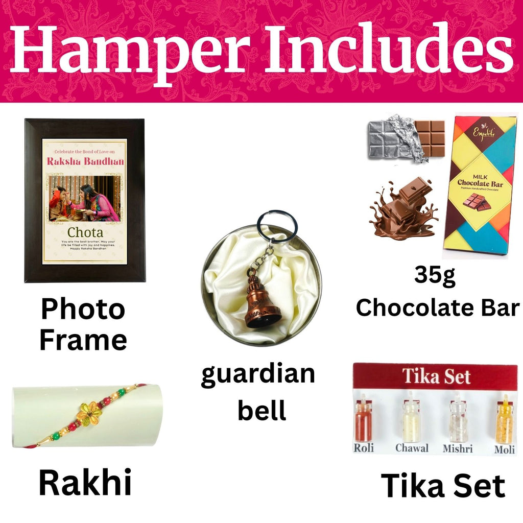 Unique Personalized Rakhi Combo For Brother, Rakshabandhan Gift For Brother With Chota Theme 35G Chocolate Bar, Personalised Photo Frame, Rakhi, Tika Set, Greeting Card And Guardian Bell | Unique Rakhi Gift