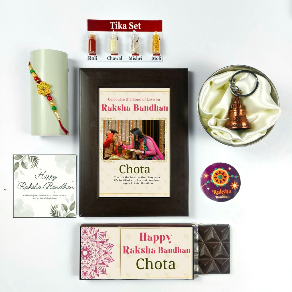 Unique Personalized Rakhi Combo For Brother, Rakshabandhan Gift For Brother With Chota Theme 35G Chocolate Bar, Personalised Photo Frame, Rakhi, Tika Set, Greeting Card And Guardian Bell | Unique Rakhi Gift