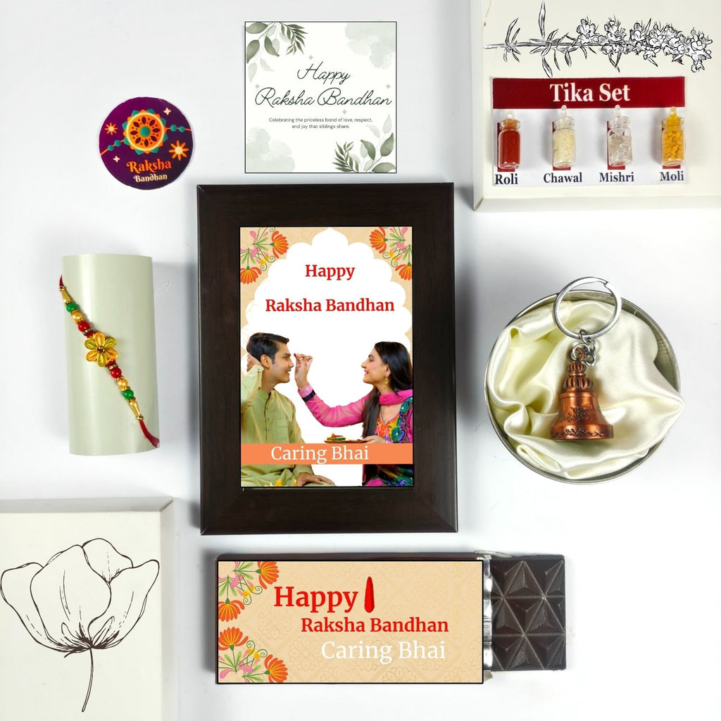 Unique Personalized Rakshabandhan Combo For Brother, Rakhi Gift For Brother With Caring Bhai Theme 35G Chocolate Bar, Personalised Photo Frame,  Rakhi, Tika Set, Greeting Card And Guardian Bell | Unique Rakhi Gift
