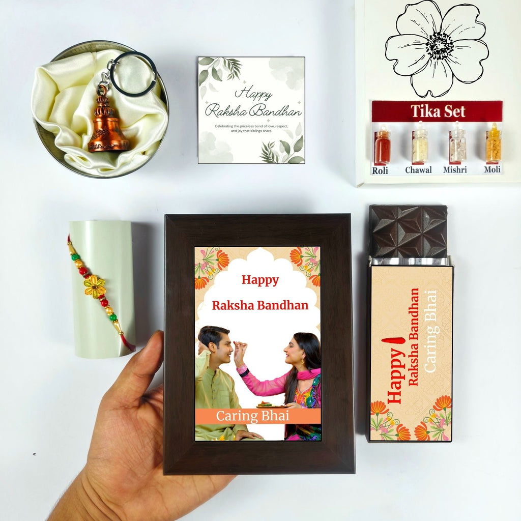 Unique Personalized Rakshabandhan Combo For Brother, Rakhi Gift For Brother With Caring Bhai Theme 35G Chocolate Bar, Personalised Photo Frame,  Rakhi, Tika Set, Greeting Card And Guardian Bell | Unique Rakhi Gift