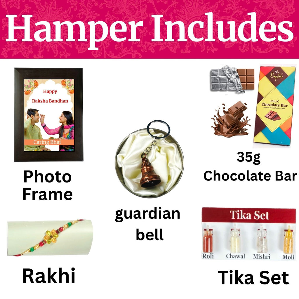 Unique Personalized Rakshabandhan Combo For Brother, Rakhi Gift For Brother With Caring Bhai Theme 35G Chocolate Bar, Personalised Photo Frame,  Rakhi, Tika Set, Greeting Card And Guardian Bell | Unique Rakhi Gift